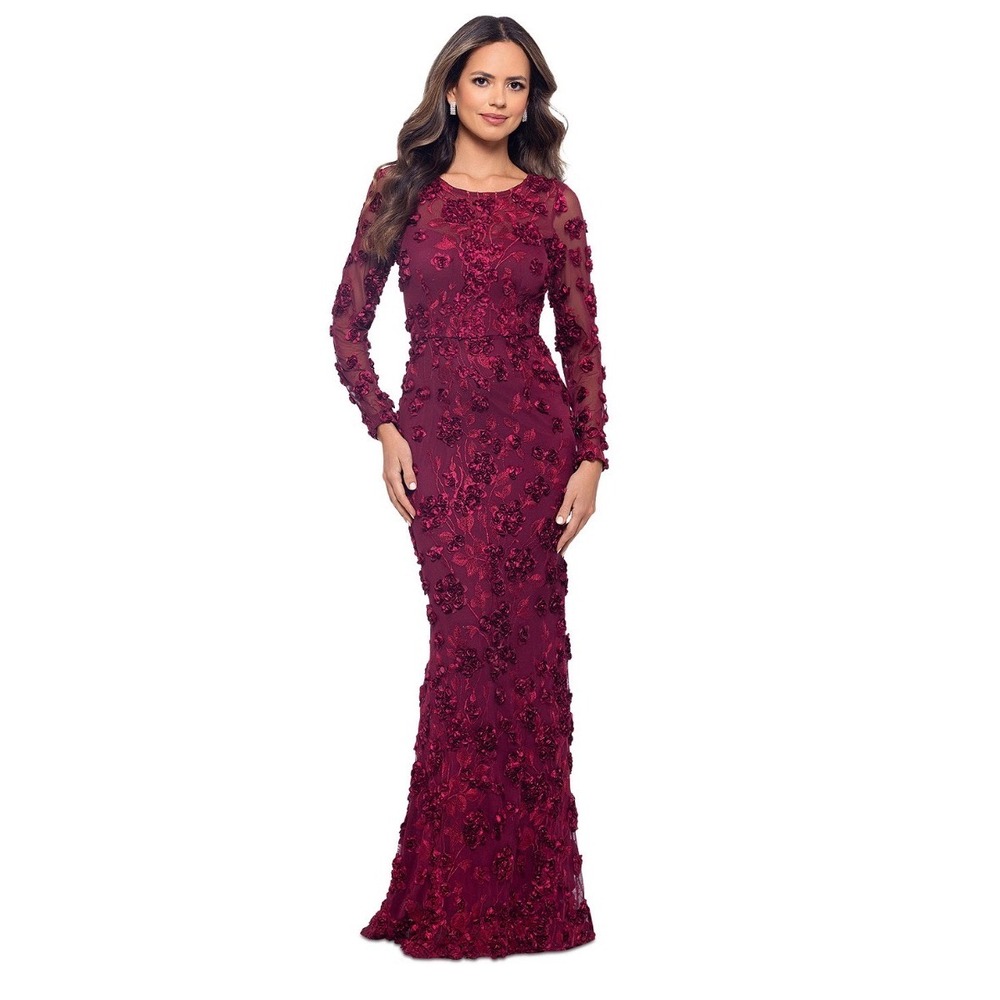 Xscape Garnet 3D Floral Applique Long Sleeve Evening Gown 6465X Size 8 Burgundy